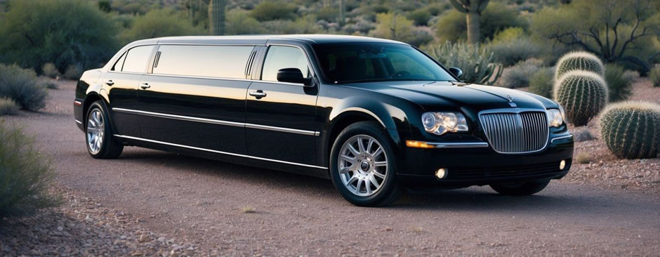 A sleek black limousine parked outside a luxury resort in Cave Creek, Arizona, surrounded by desert landscape and cacti